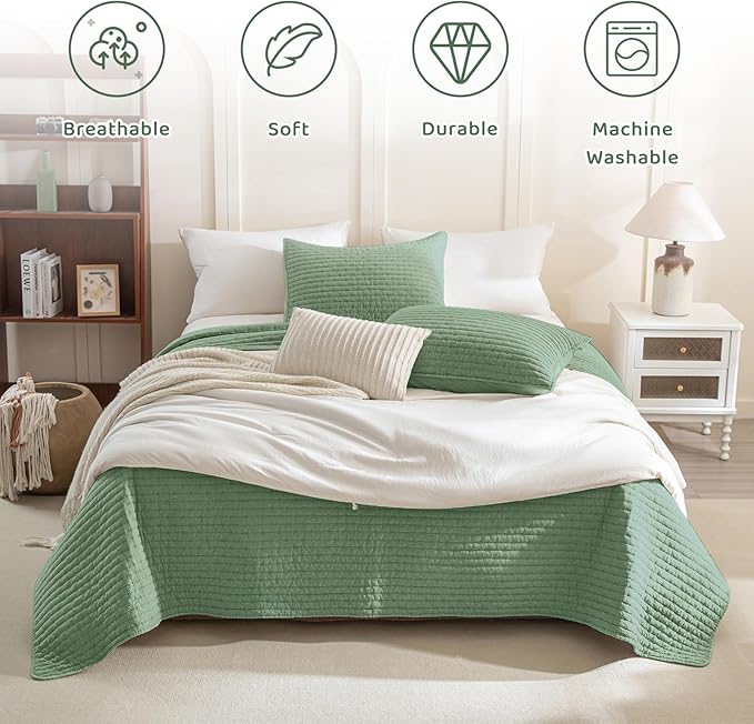 Sanracie Cotton Oversized King Bedspread(128"x120"), Green Ultra Soft Stonewashed Extra Large Wide Oversized Quilt Sets Cross Stitch Lightweight Crinkle Coverlet Set 3Pcs for All Season