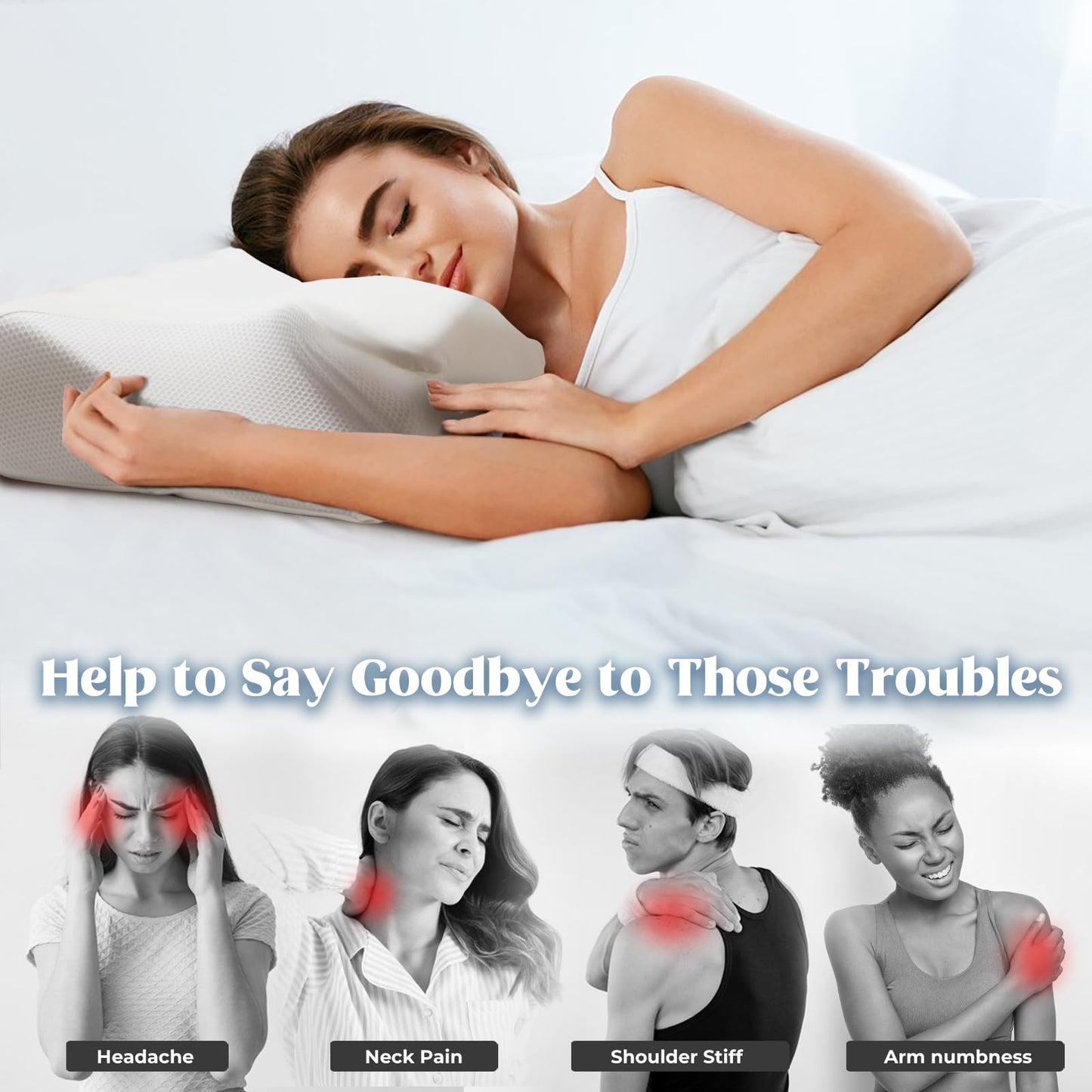 Cervical Pillow for Neck Pain Relief, Cooling Contour Memory Foam Pillows Support Odorless Ergonomic Neck Pillow Adjustable Orthopedic Bed Pillow for Side Back Stomach Sleeper,White