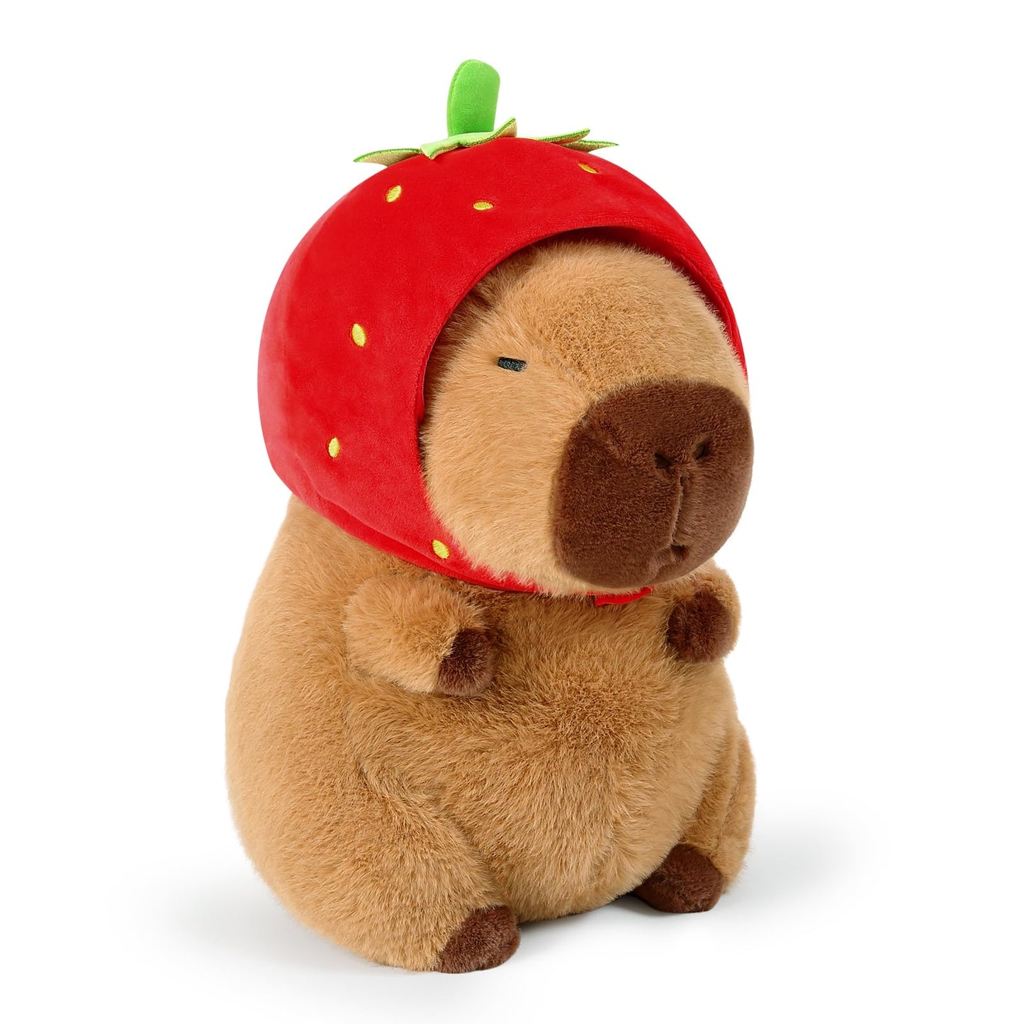 Ditucu Cute Capybara Plush Wear Strawberry Hat Soft Capibara Stuffed Animal Plushies Toys Hugging Gifts for Kids Brown 9 inch