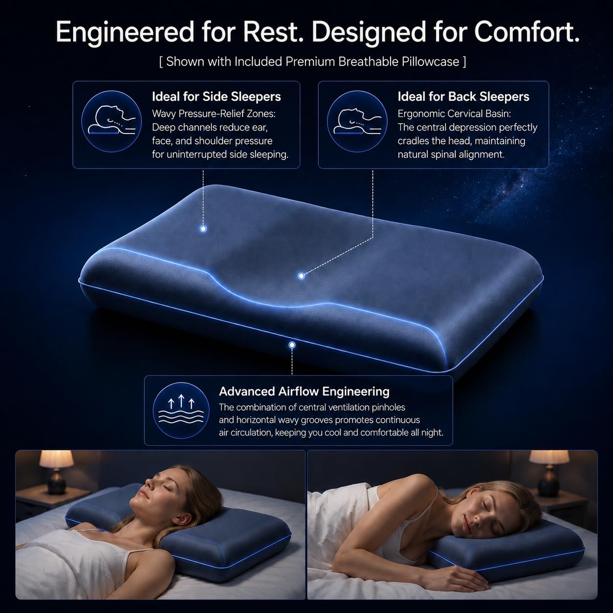ASRIO Cooling Contour Silicone Pillow for Side Sleepers, 4.72 Inch Height Neck Support Bed Pillow, Breathable Washable High Resilience Core, Medium Firm,Queen Size