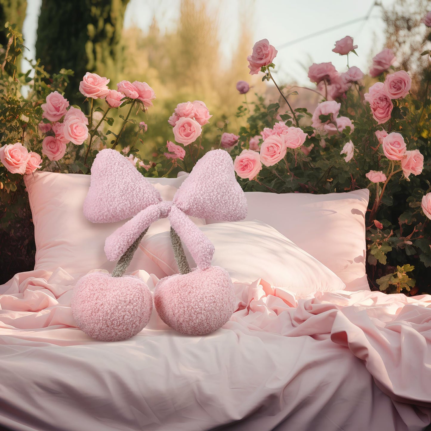 Beeveer Small Bow Cherry Throw Pillow Wool Cute Coquette Room Decor Decorative Throw Pillows Aesthetic Room Decor Bowknot Shaped Plush Cushions for Valentines Day Bedroom Sofa Couch(Pink)