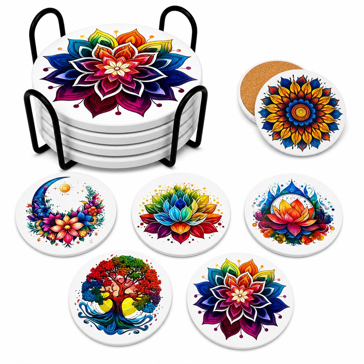 Mandala Ceramic Coasters Set of 6 with Holder – 4 Inch Absorbent Drink Coasters with Cork Backing