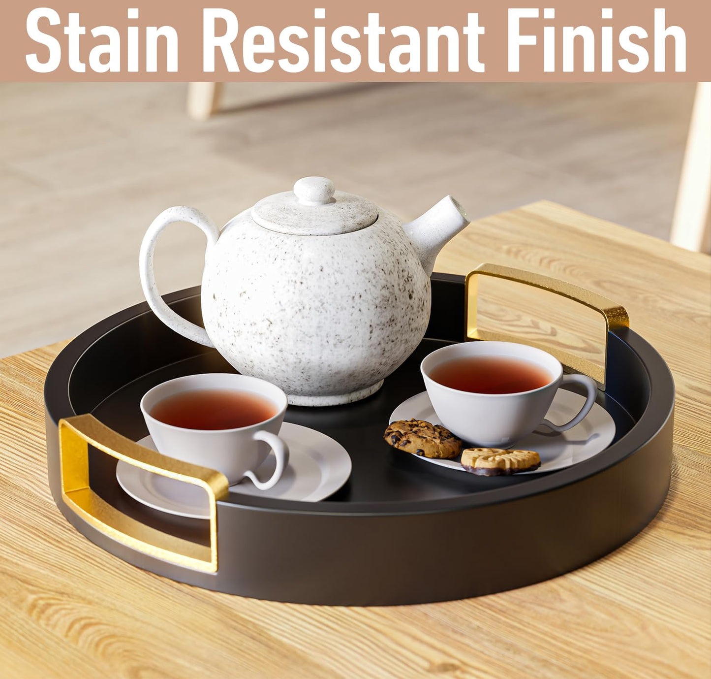 Round Decorative Tray - 12 Inch Round Black Tray with Gold Metal Handles - Stain Resistant Serving Trays for Decor - Decorative Trays for Coffee Table, Ottoman, Bar, Vanity, Kitchen, Bedroom & More
