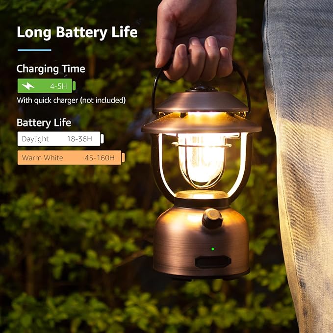 Lepro Retro Classic LED Camping Lantern, High Lumens, Daylight White 2500K and 5000K, Dimmable, USB Rechargeable, Waterproof for Camping, Vintage Decoration and Emergency (USB Charging Cable Included)