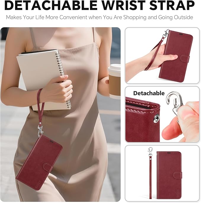 TUCCH Detachable Case Wallet for iPhone Air (6.5") 2025, Wrist Strap | 4 Card Holders RFID Blocking | Wireless Charging | Stand | 2-in-1 Magnetic | PU Leather | Shockproof Folio Cover | Dark Red
