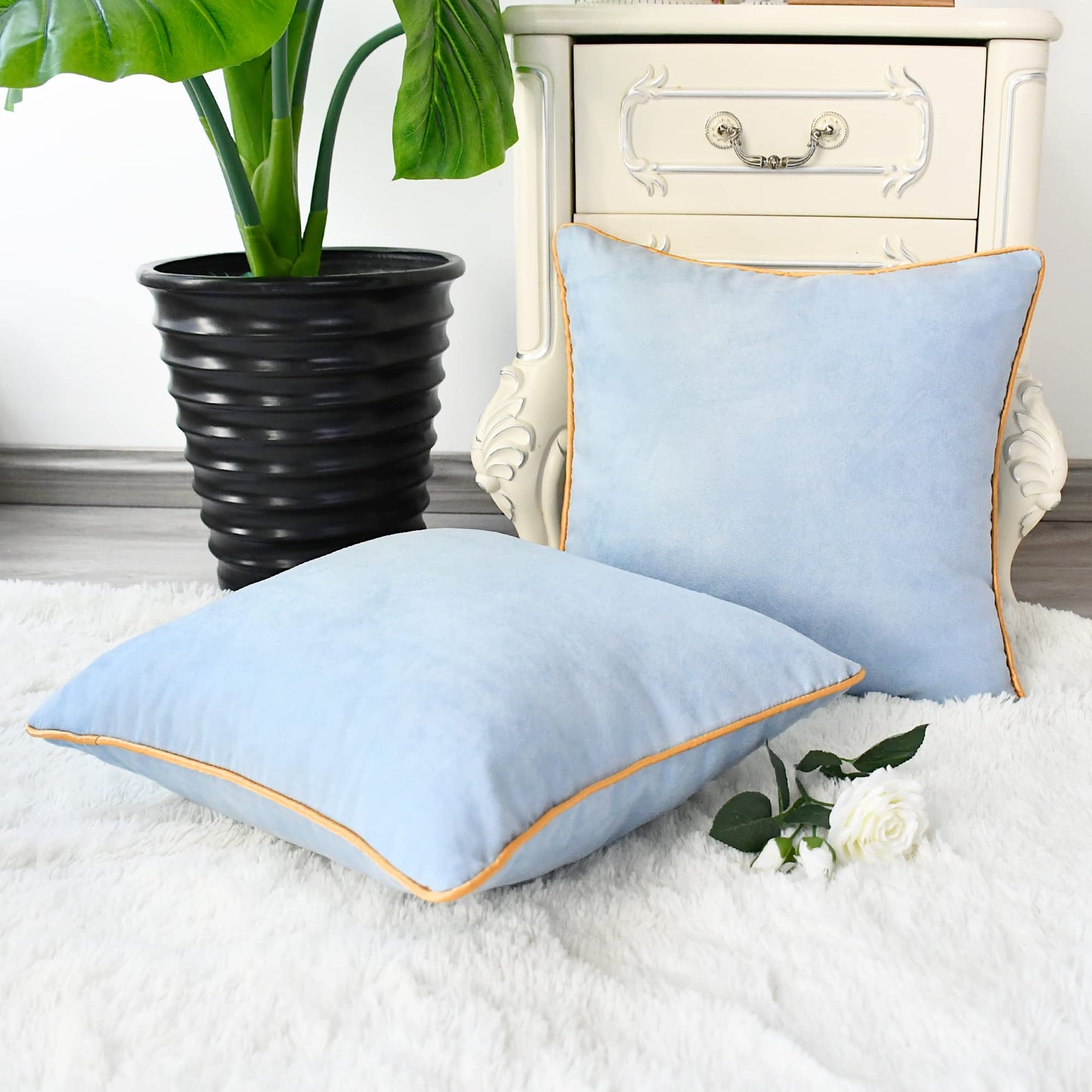 CaliTime Throw Pillow Covers Pack of 2 Super Soft Faux Suede Gold Piping Edge Accent Cushion Case for Couch Bed Sofa Farmhouse Decorative 18 X 18 Inches Light Blue