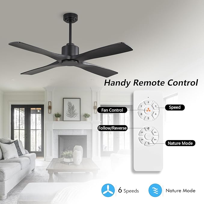 WINGBO 48" DC Ceiling Fan without Lights, 4 Carved Solid Wood Blades, 6-Speed Noiseless Reversible DC Motor, Modern Ceiling Fan No Light with Remote, Matte Black Finish with Black Blades, ETL Listed