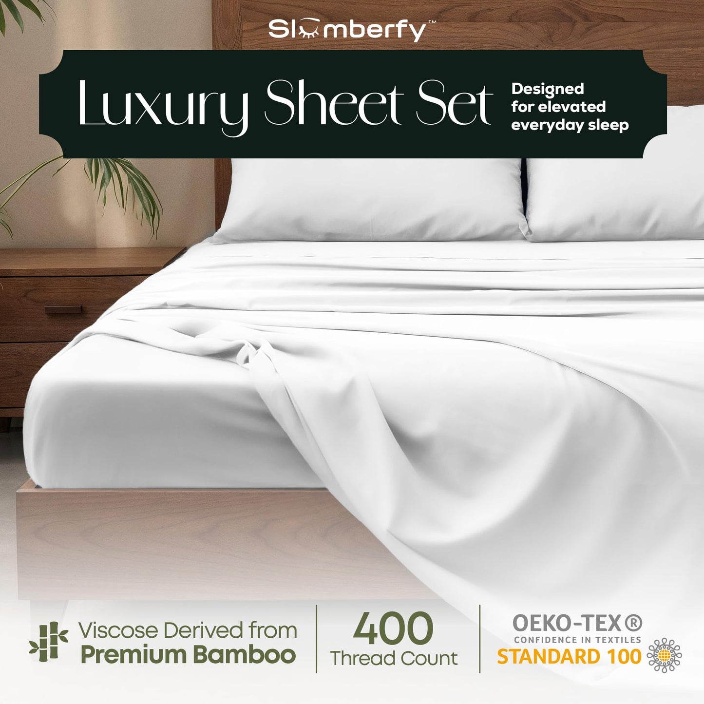 Slumberfy 4-Piece 400 TC Viscose Derived from Bamboo Sheets, Queen Size - 1 Fitted, 1 Flat, 2 Pillow Cases - Deep Pocket Cooling Viscose-Bamboo Bed Sheets in Magnetic Closure Gift Box, White