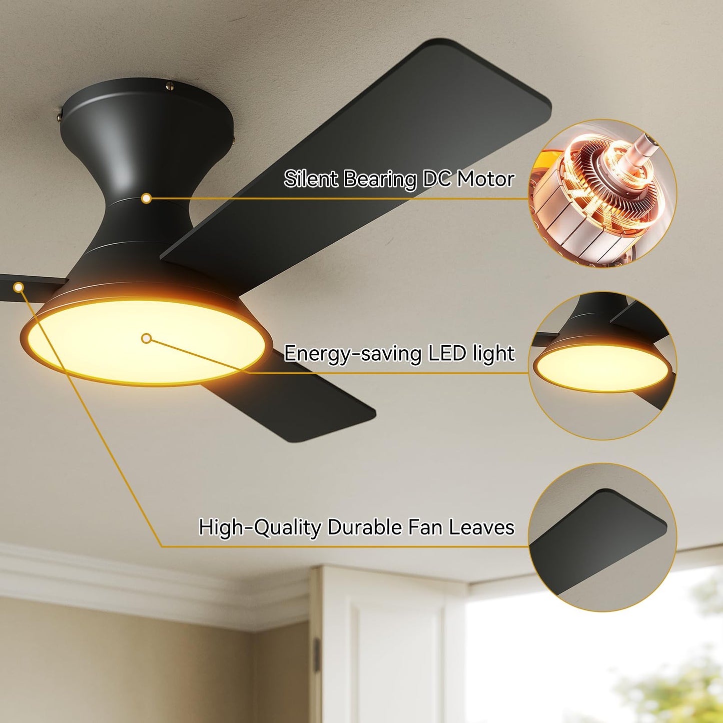 MDTlight 44 Inch Black Ceiling Fan with 3CCT Dimmable LED Lights | Quiet Reversible DC Motor, 6 Speed, Remote & APP Control | for Bedroom, Patio, Living Room, Indoor & Outdoor Use