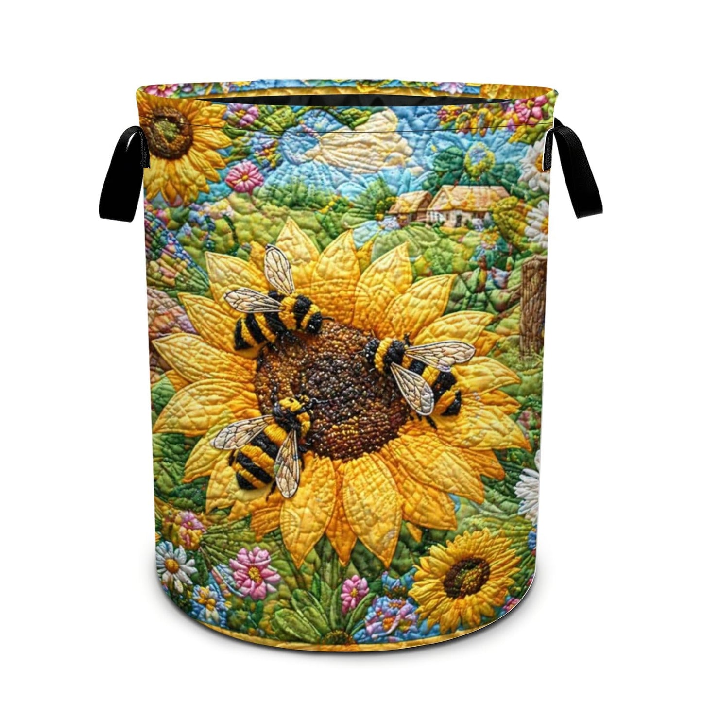 Bee Sunflowers Laundry Basket Foldable Oxford Laundry Hamper With Handle For Room Bathroom Bedroom