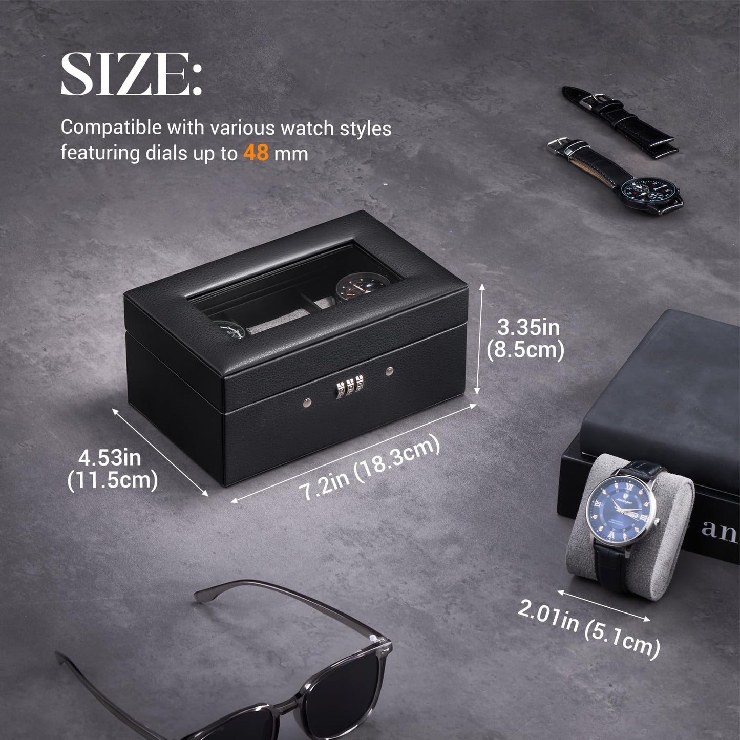 ProCase Lockable Watch Case, 3-Slot Display Storage Box with Glass Lid, Scratch-Free Velvet Lining & Combination Lock, Secure Watch Organizer for Men, Home, Office or Store Display - Black