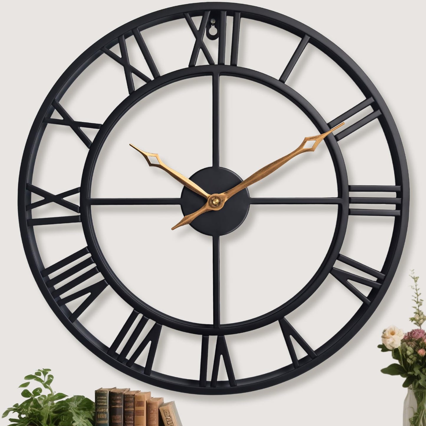 BBALOVEDRE 24 Inch Large Wall Clocks for Living Room Decor,Big Black Roman Numerals Modern Decorative Metal Wall Clocks for Bedroom, Kitchen, Office,Housewarming Gift