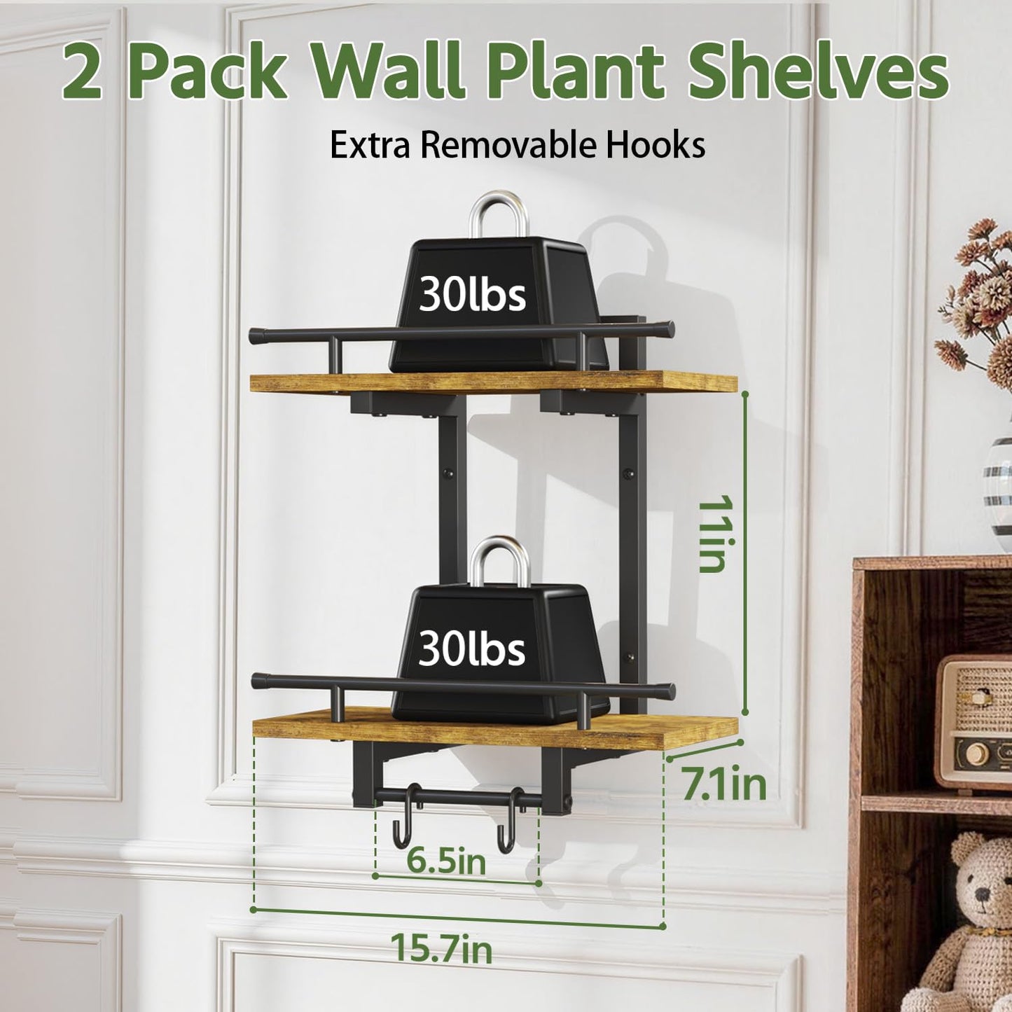 LASZOLA Floating Plant Shelves Holder Wall Mounted Indoor, 2 Pack Plant Hangers Stand with 4 Hooks, Metal and Wood Flower Hanging Display for Bedroom Living Room Kitchen Office Bathroom Decor, Brown