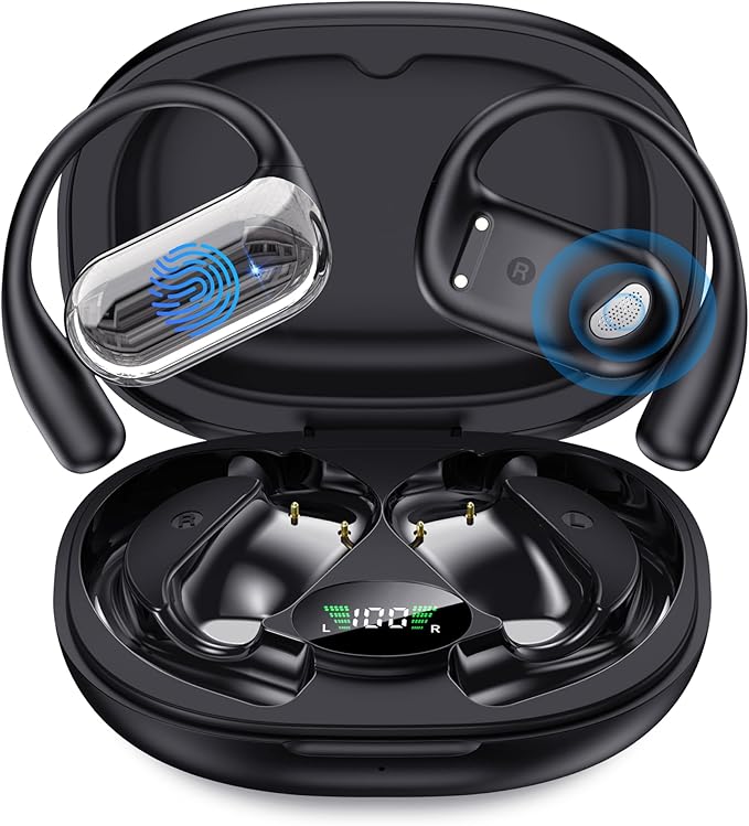 EUQQ Open Ear Bluetooth 5.4 Earbuds, Wireless Headphones Sport Over Earphones Built-in Mic with Ear Hooks, 50H Playtime Ear Buds Fast Charging, IPX7 Waterproof for Running/Workout, Black