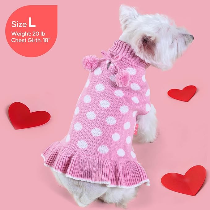KYEESE Valentines Dog Sweater Dress, Warm Dog Sweaters for Small Medium Dogs Girl, Cozy Pullover Dog Clothes Pet Apparel with Leash Hole, Pink Dot, XL