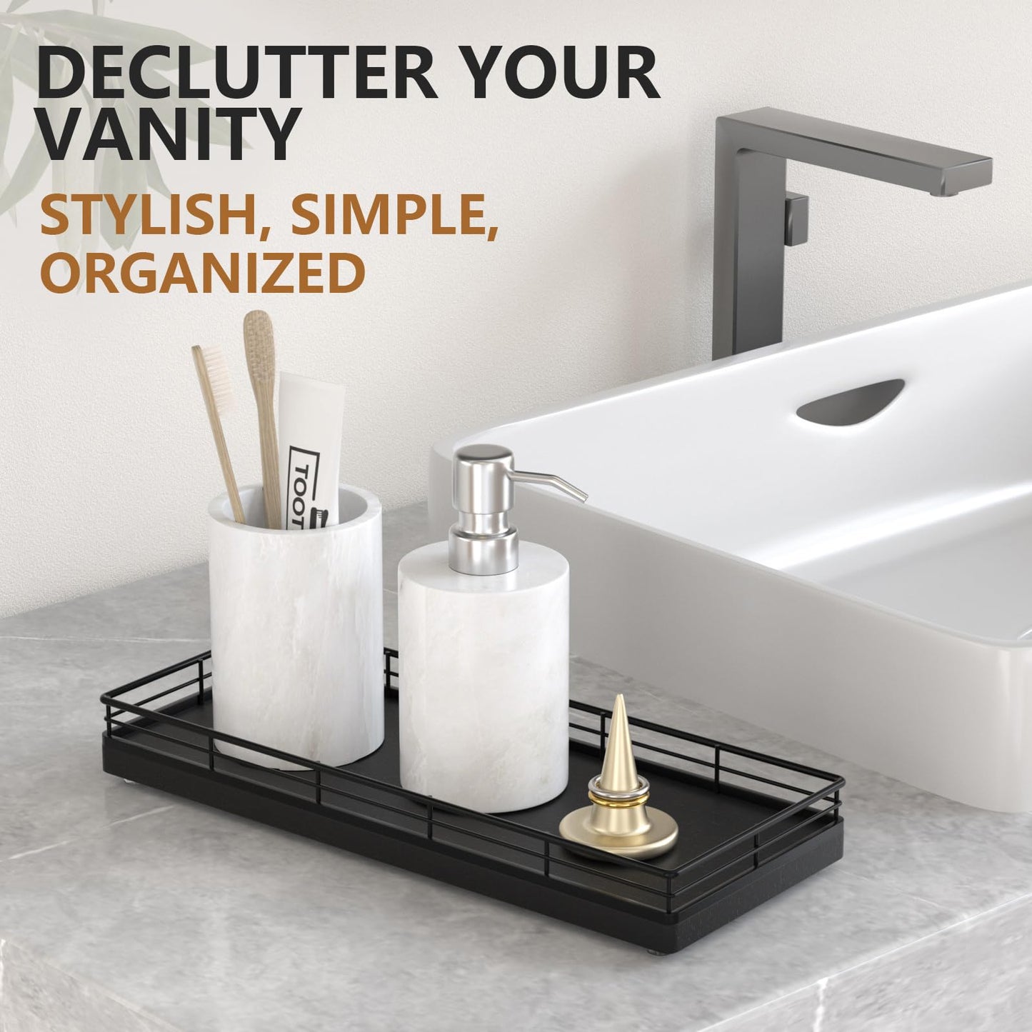 Bathroom Tray for Counter Top Organizer – Oak Wood Vanity Tray with Metal Frame for Dresser, Kitchen, Nightstand – Black Decorative Storage