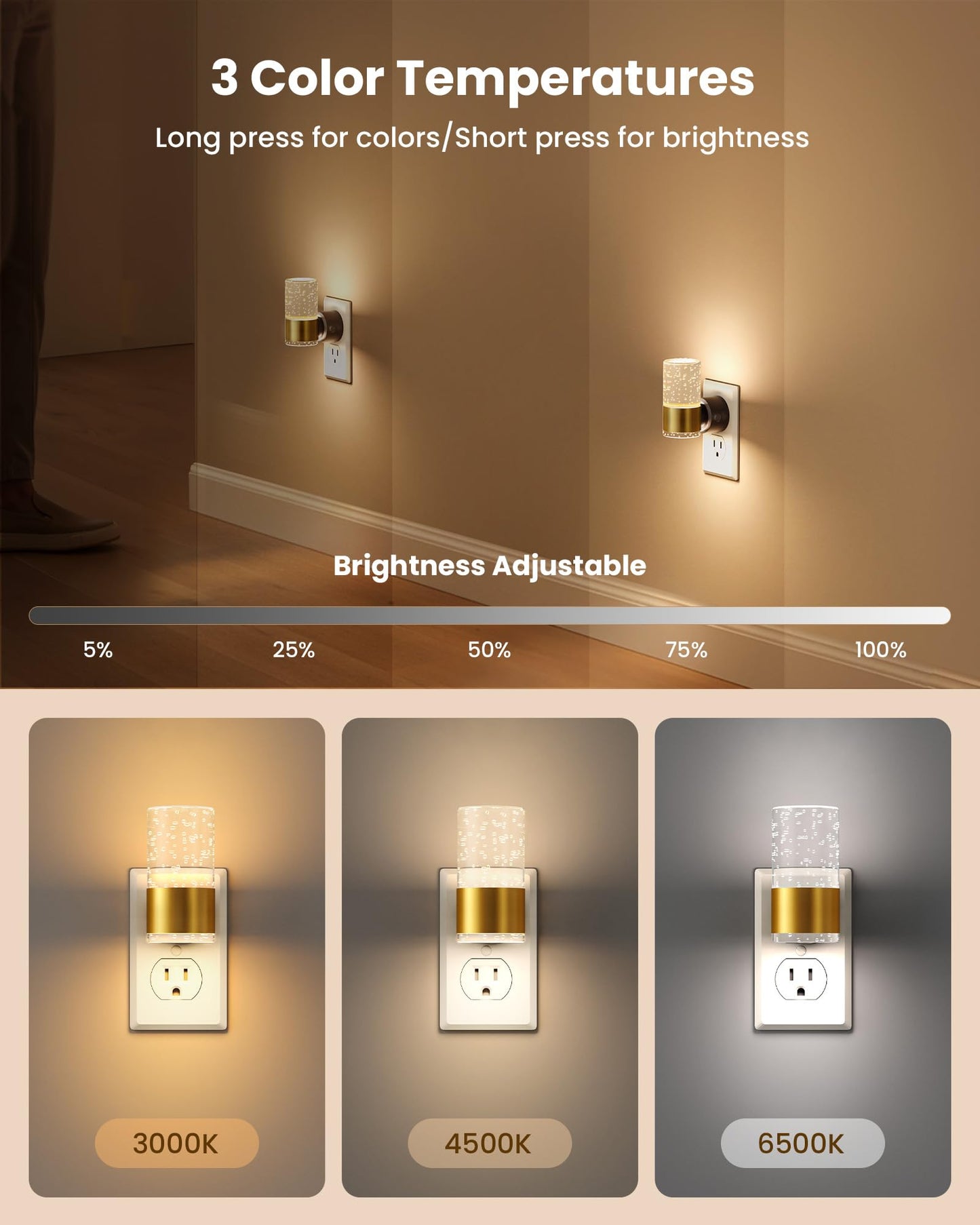 VOLISUN Night Lights Plug into Wall, Dimmable LED Night Light 3 CCT & 5 Brightness Levels, Acrylic Bubble Nightlight with Dusk to Dawn Sensor for Hallway, Bathroom, Stair, Nursery Gold 2 Pack