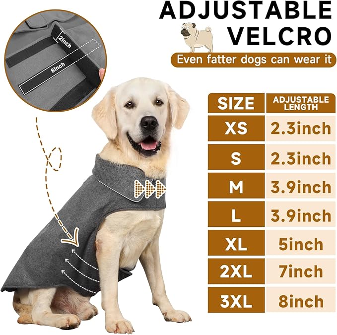 Bonawen Fleece Dog Coat Reflective Cold Weather Dog Jacket Apparel for Extra Large to Small Pets(Grey,3XL)
