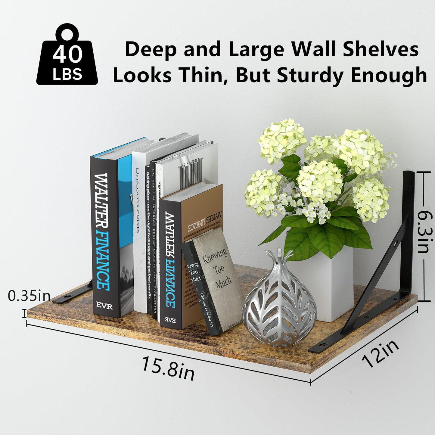 Dushikent Deep Floating Wall Shelves - 4 Sets of 12 Inch Wide Rustic Brown Wood Shelves for Bathroom, Bedroom, Kitchen, Living Room
