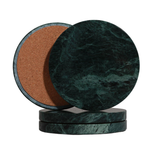 CASACOUTURE Green Marble Coasters Set of 4, Natural Stone Drink Coasters 4 Inch Round, Non-Slip Cork Bottom, Heat & Water Resistant, Protects Table Surfaces, Elegant Home Decor — Housewarming Gift