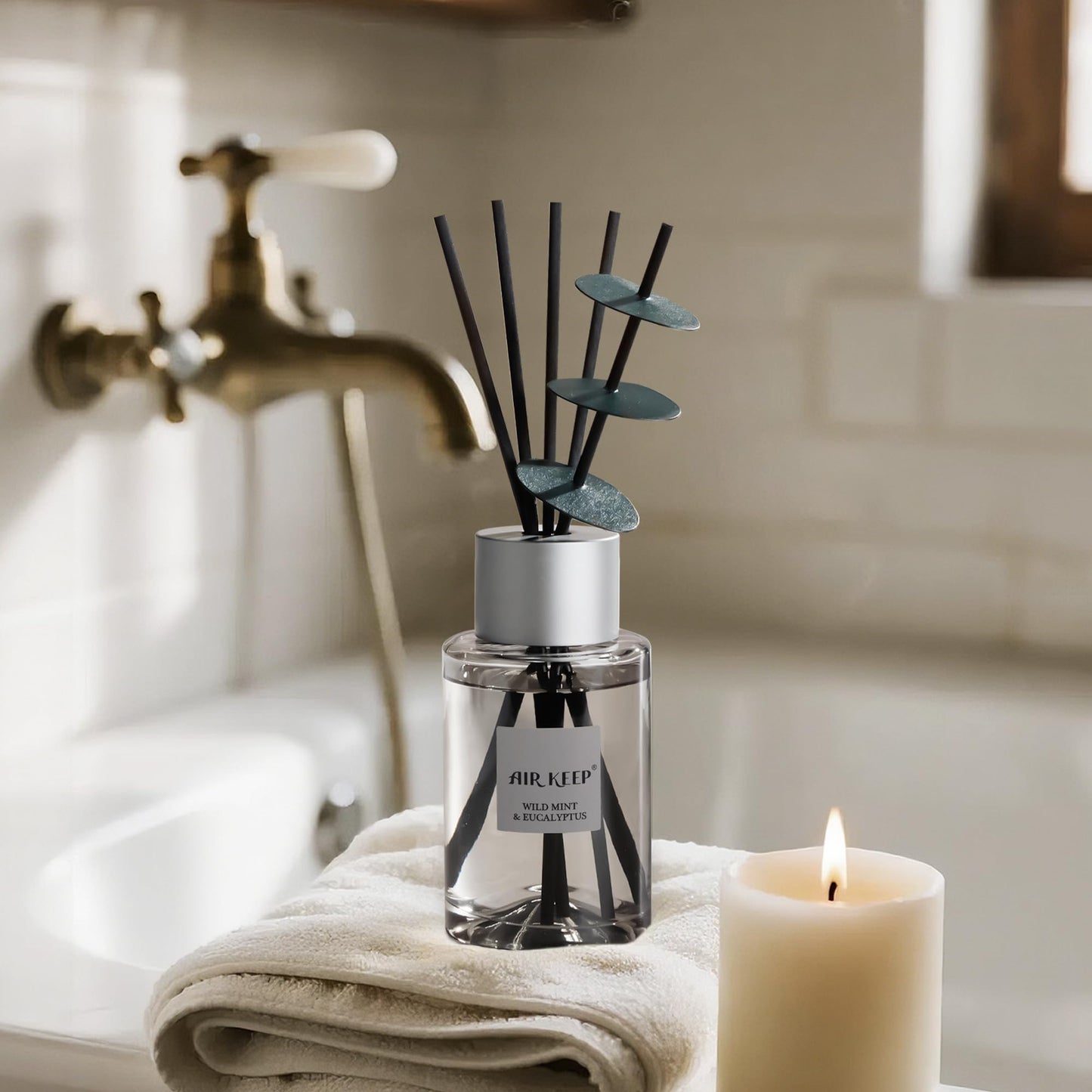 Airkeep Reed Diffuser/Grey Reed Diffuser Set/6.7 oz(200ml)/Wild Mint&Eucalyptus Oil Diffuser & Reed Diffuser Sticks/Home Decor & Office Decor, Fragrance and Gifts