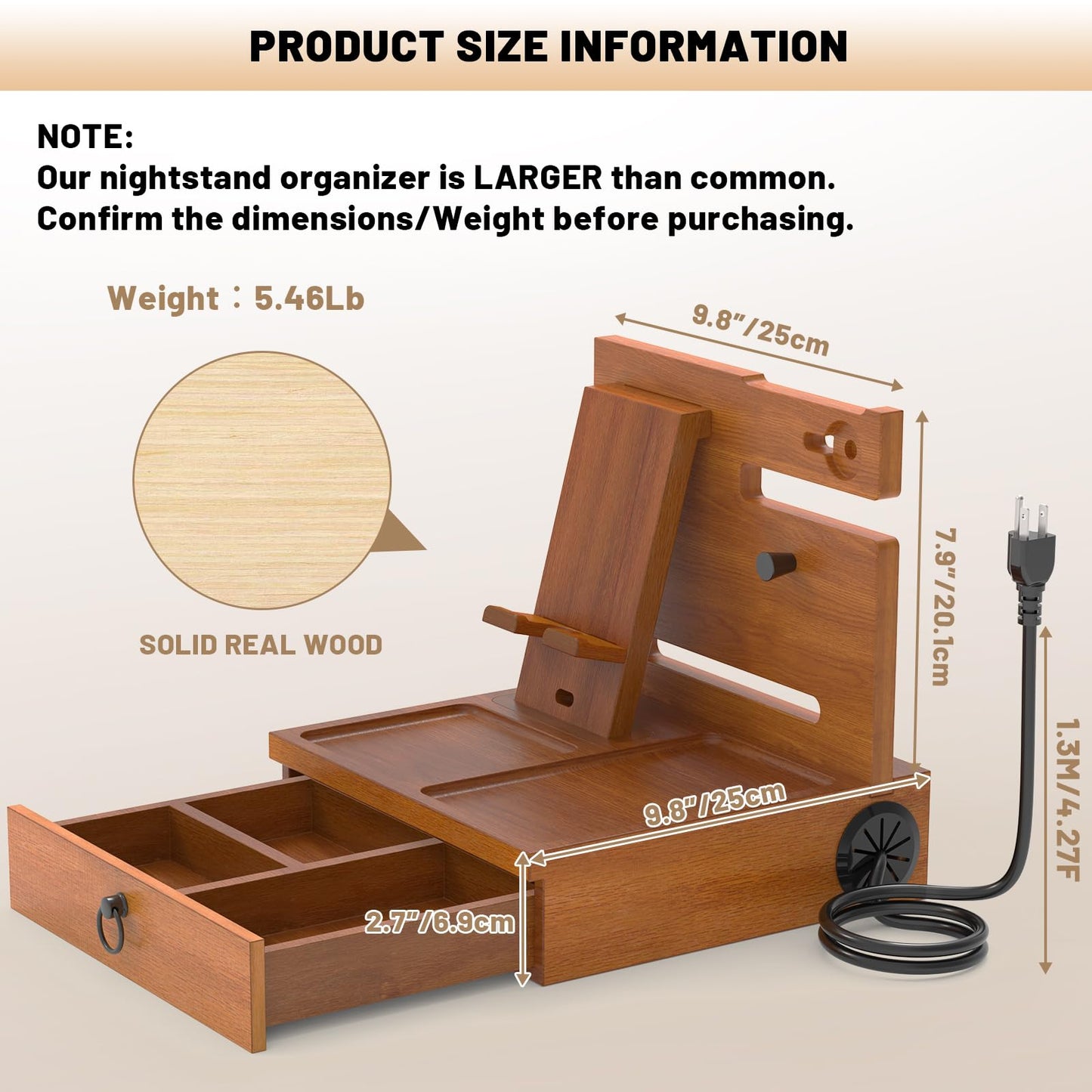 Wood Phone Docking Station with USB Ports and Outlets, Nightstand Organizer with Charging Station, Bedside Organizer with Drawer for Watch & Accessories, Christmas Anniversary Birthday Gifts for Men