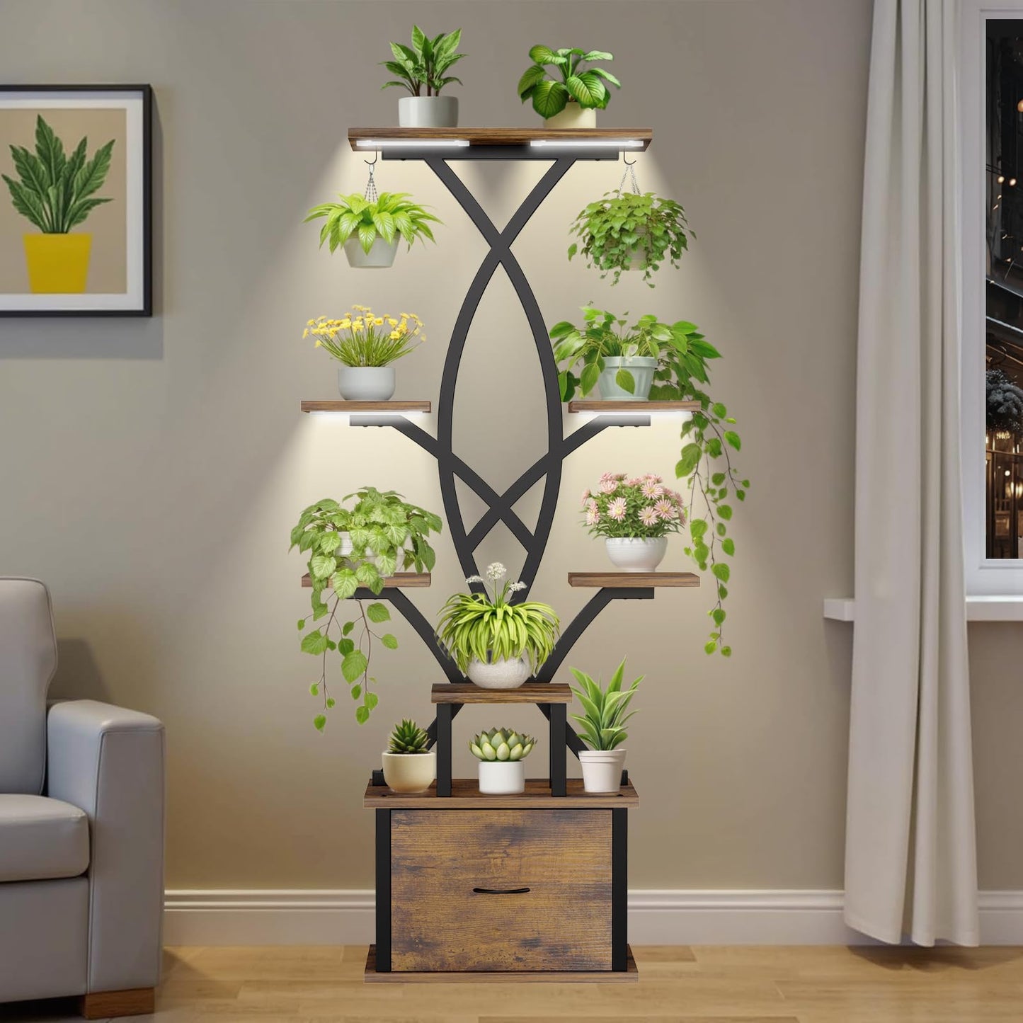 Plant Stand Indoor with Grow Lights - 8 Tiered Plant Shelf with Storage Drawer, 65" Tall Plant Shelf with Grow Light & 2 Hooks, Corner Plant Stand for Indoor Plants, Metal Plant Holder for Home, Patio