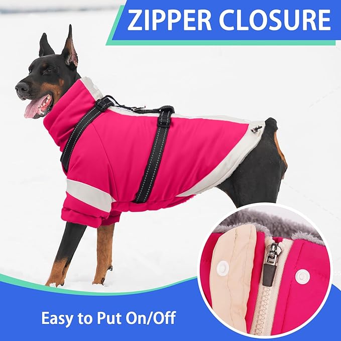 MIGOHI Warm Dog Coat Waterproof Small Dog Jacket with Harness,Reflective Fleece Snowsuit for Dogs,Windproof Puppy Coats with Legs for Cold Weather,Adjustable Pet Clothes for Puppies,Xs,Rosered