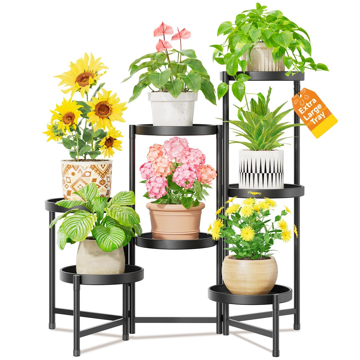 LASZOLA 7 Tier Large Plant Stand Indoor Tall with 10 Inch Metal Tray, Corner Folding Flower Display Rack, Modern Plant Holder Shelf for Outdoor Patio Porch Garden Office Living Room, Black