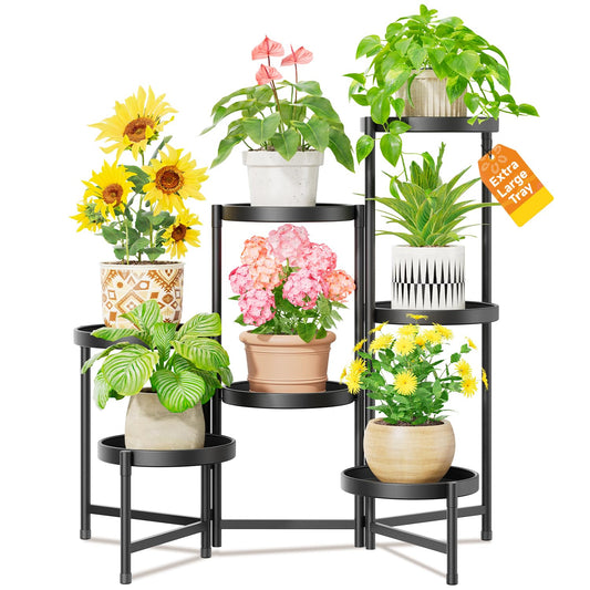 LASZOLA 7 Tier Large Plant Stand Indoor Tall with 10 Inch Metal Tray, Corner Folding Flower Display Rack, Modern Plant Holder Shelf for Outdoor Patio Porch Garden Office Living Room, Black
