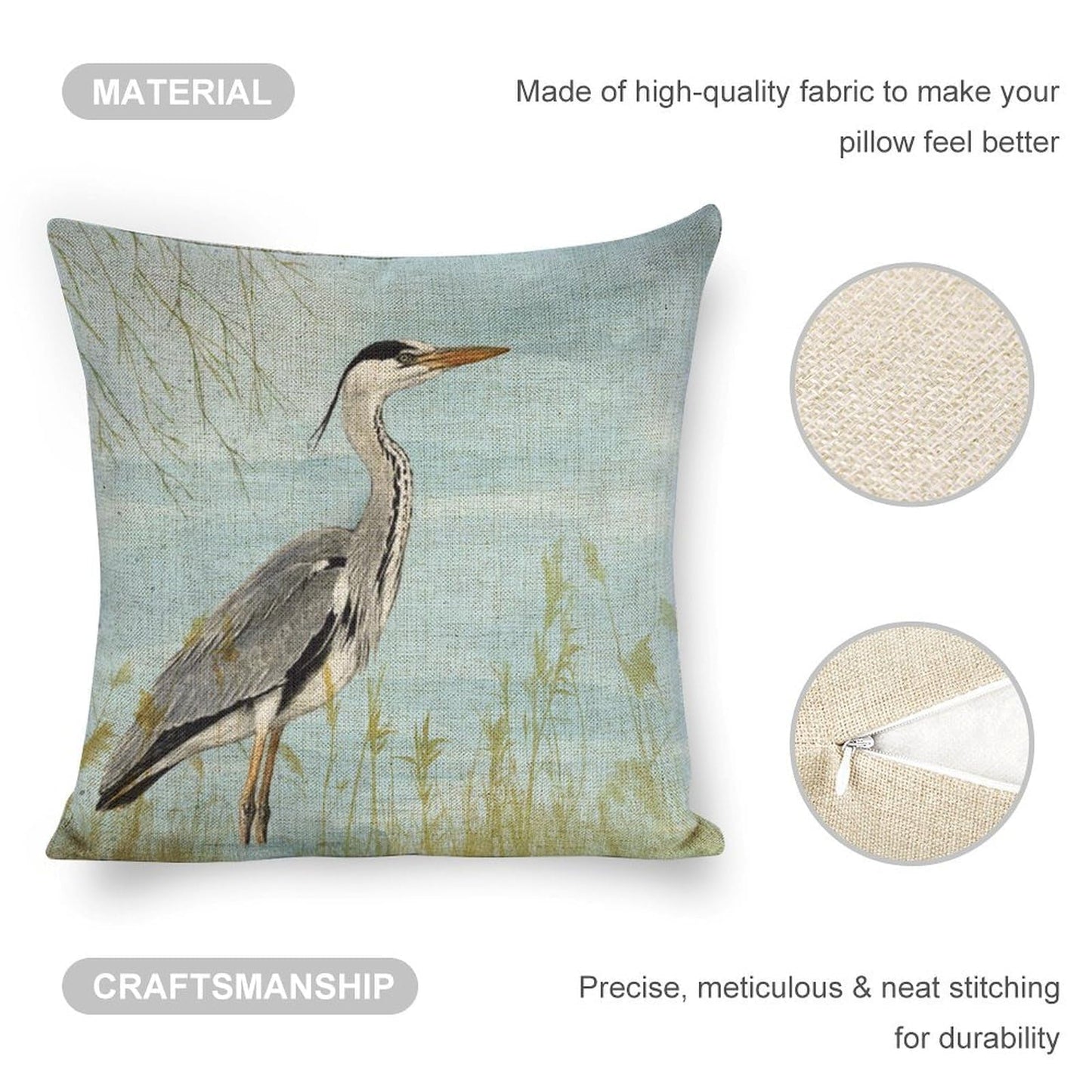 Icotoibabie Summer Gray Heron Throw Pillow Cover 18×18 Inch Linen Coastal Pillowcase, for Sofa Car Beach Bedroom Cushion Cover