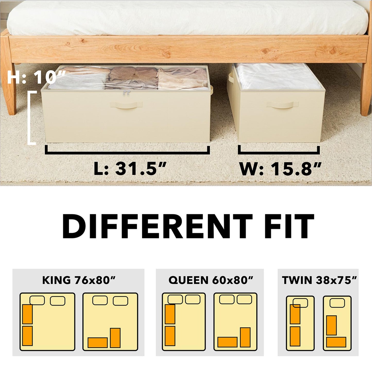 SpaceAid 2 Pack 10" High Under Bed Storage Containers, Large Underbed Storage Organizer Bins with Lids for Bedroom, Dorm, Clothes, Closet Organization, Bed Sheets and Blankets (Beige)