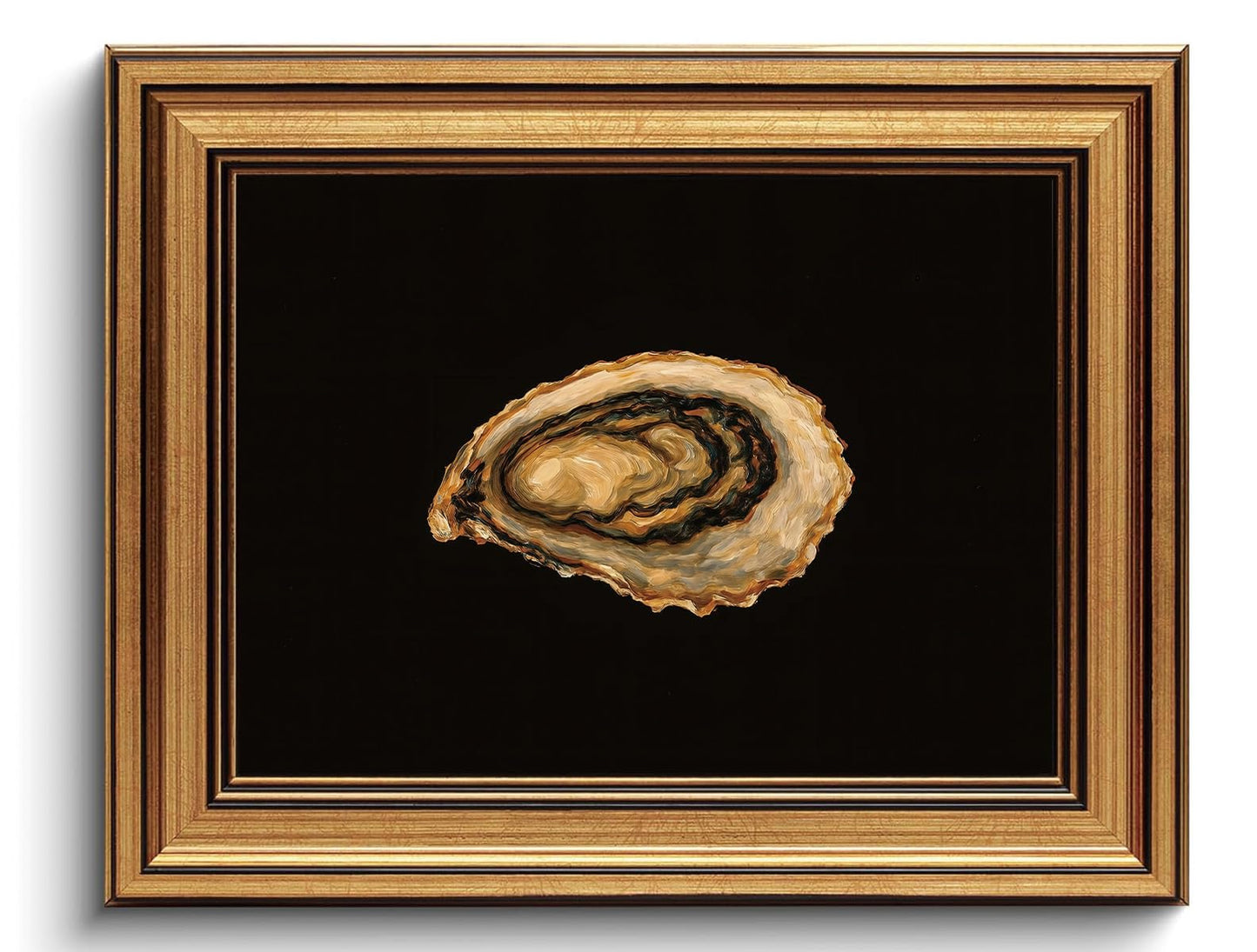 Vintage Oyster Wall Art Moody Kitchen Canvas Print Oyster Shell Picture Gold Framed Wall Art Seafood Painting for Dining Room Restaurant Bar 8x10in