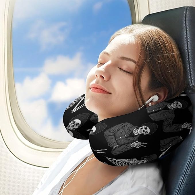 Soft Memory Foam Travel Pillow Chin Support Custom Human Skeleton Skull, Removable Washable Cover for Airplane Car Home Office Nap