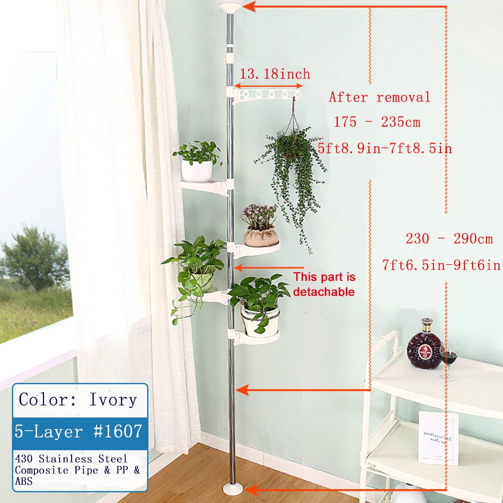 BAOYOUNI 5-Tier Tension Rod Plant Holder Pole, Flower Display Stand Rack Stainless Steel Decorative Shelf, Ivory
