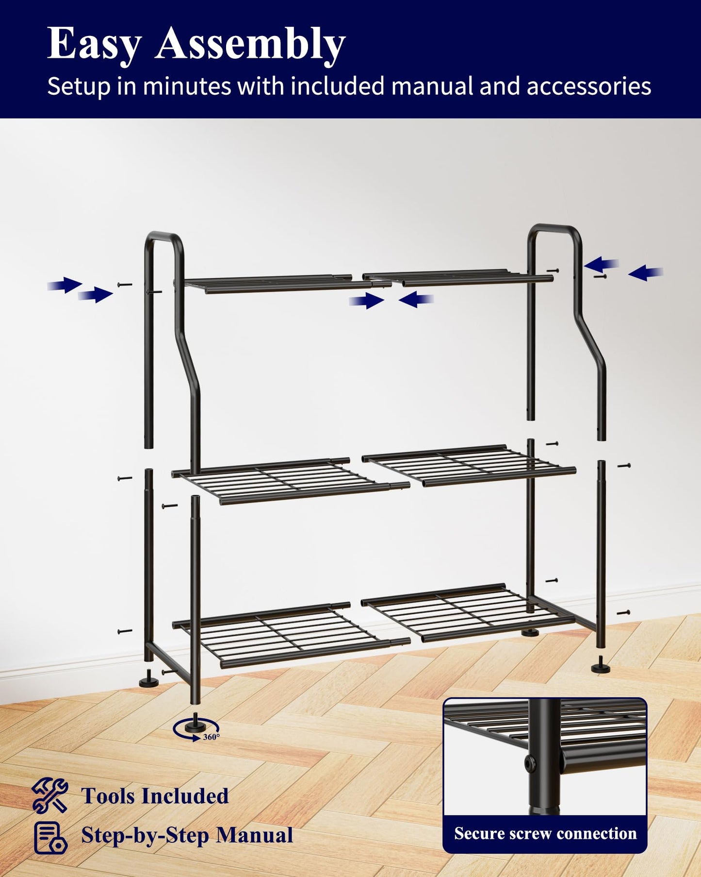 Kitsure Plant Stand Indoor & Outdoor - 3-Tier Metal Plant Shelf with Adjustable Leveling Feet, Easy to Assemble Planter Stand for Patio, Balcony, or Garden (Black, 27" x 11.4" x 29.3")