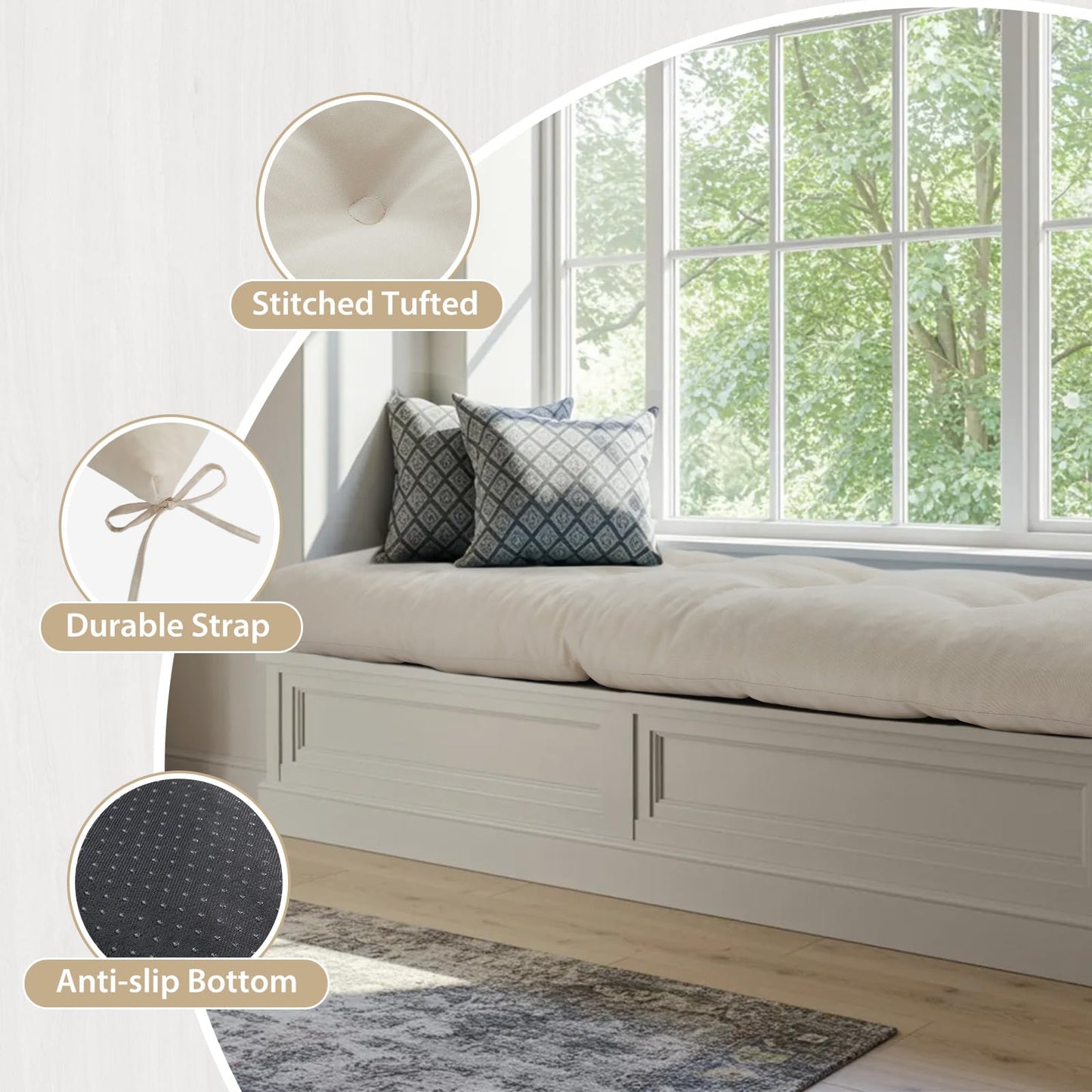 WEOAVRY 48 Inch Bench Cushions for Indoor Furniture, Super Soft Rectangle Bench seat Cushion Pad with Non-Slip Bottom, Waterproof Bench Pad for Window Porch(Beige, 48x18x4.5 Inch)