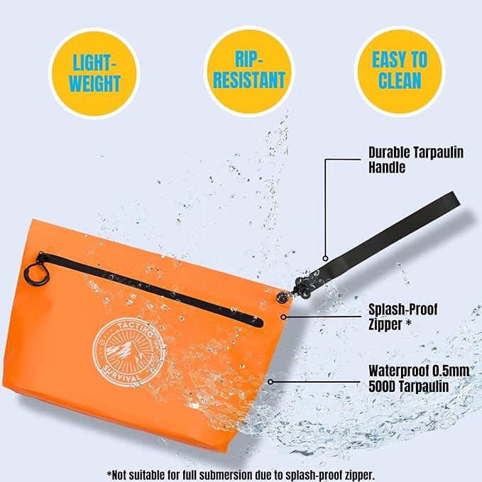 Tactiko 3L Water Resistant Pouch - Waterproof Material w/Splashproof Zipper - Hold All Zipper Bag for Storage, Toiletries, Travel, Beach, Cruise, Home (Orange)