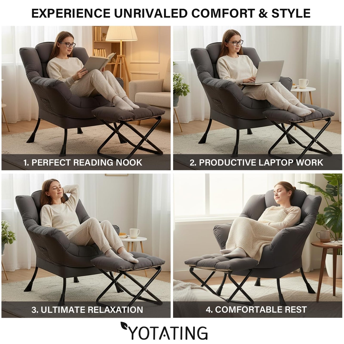 YOTATING Lazy Chair with Ottoman, Modern Accent Leisure Sofa Chair with Footrest Stool & Throw Pillow, Modern Lounge Chair with Armrests for Living Room, Dark Grey