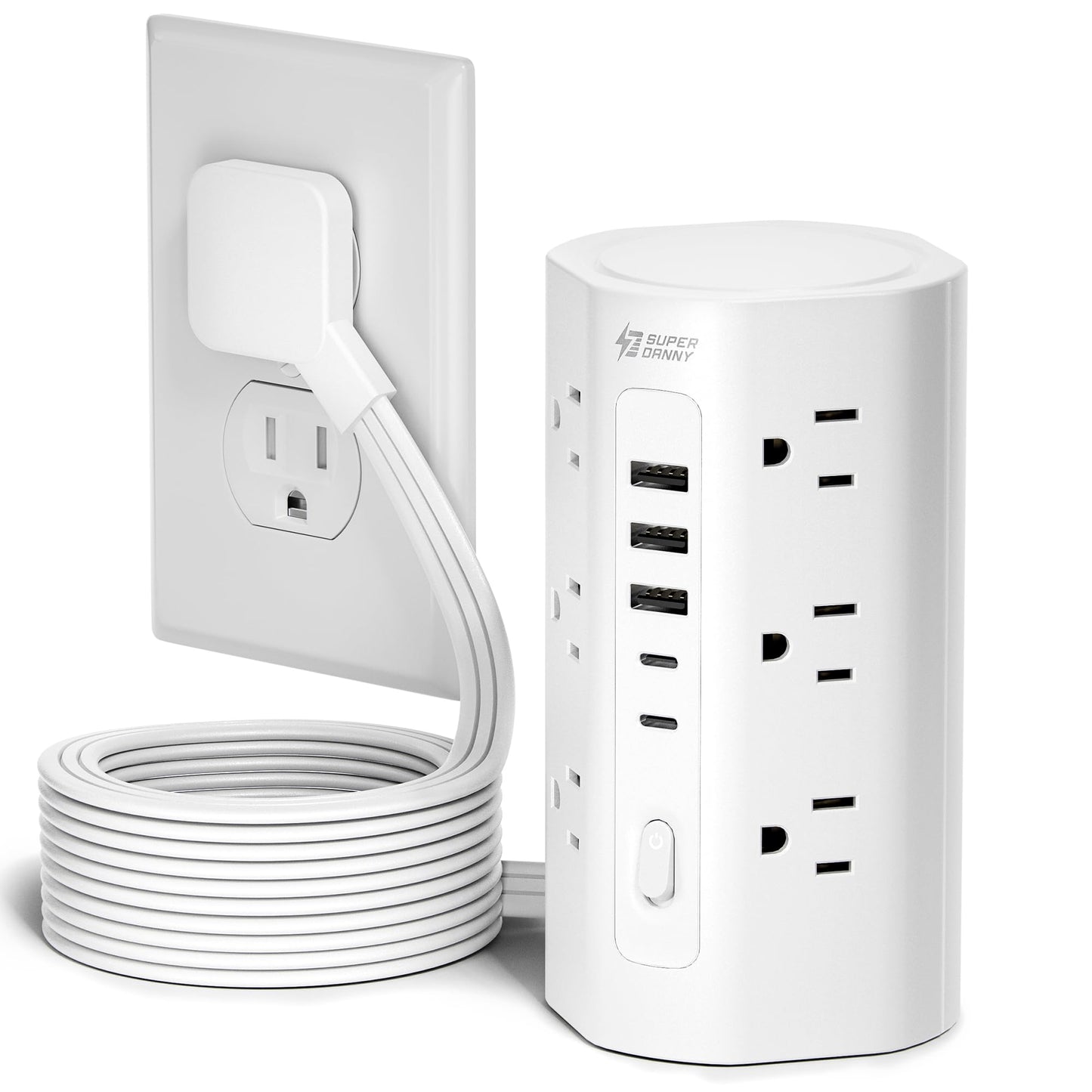 10Ft Extension Cord Power Strip Tower with Multiple Outlets, Flat Plug Power Tower 1700J Surge Protector, 12 AC Outlets 5 USB Ports (2 USB C), Desk USB Charging Station, Home Office Dorm Room, White