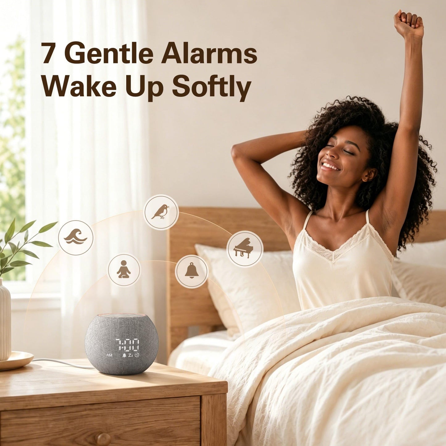 Zarler Sound Machine Alarm Clock for Bedroom, White Noise Machine Soothing Sounds for Sleep, Gentle Alarms for Wake Up, Dimmable Clock Display, Ambient Night Light, Plug in Bedside for Sleeping Adults
