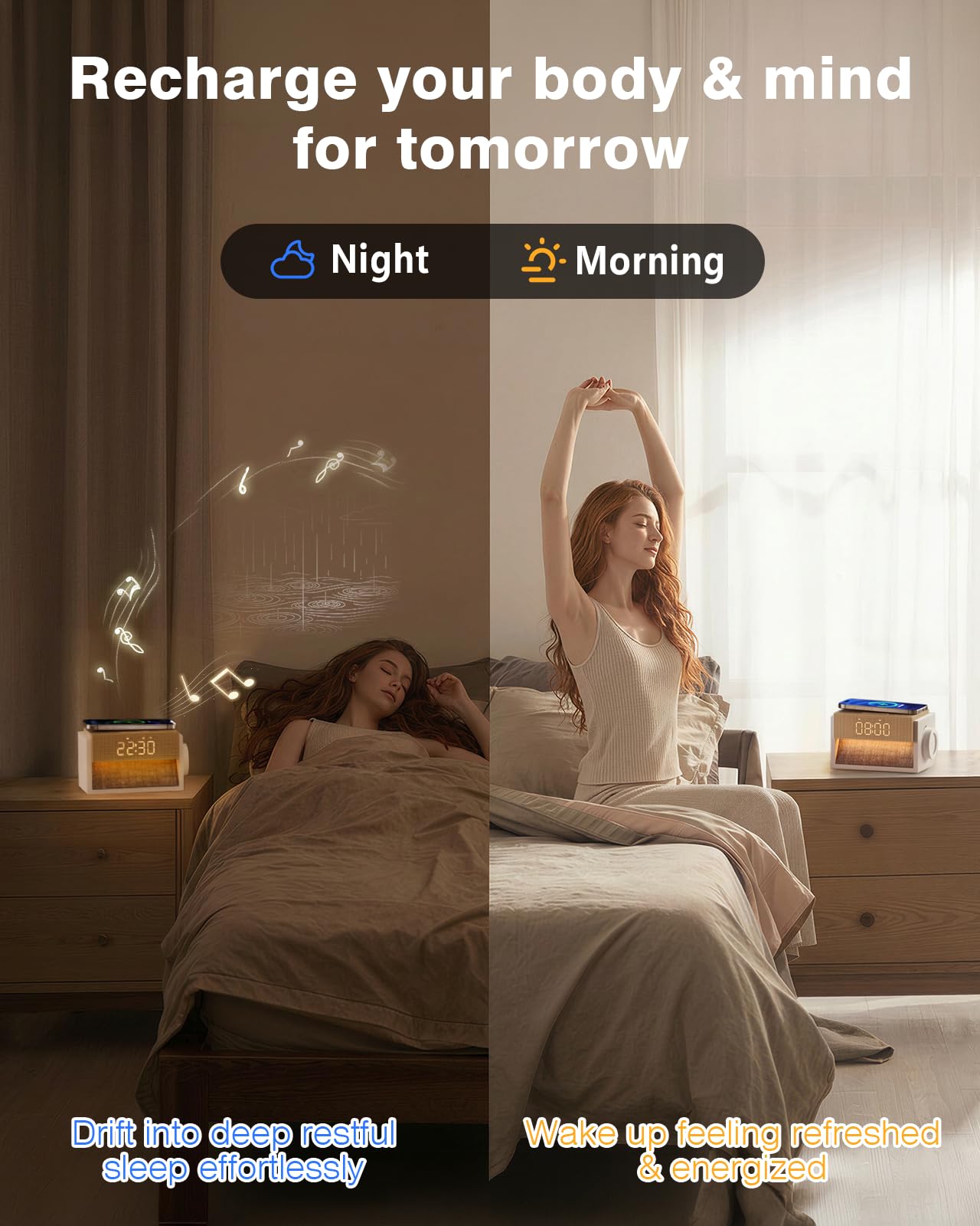 Bokefo Sunrise Alarm Clock with Wireless Charger, White Noise Sound Machine with 20 Soothing Sounds, Wake Up Light Sunlight Simulator, Bedroom Desk Clock for Heavy Sleepers Kids Adults