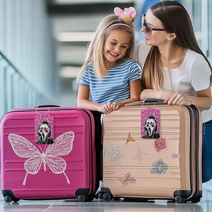2 Pcs Funny Horror Movie Luggage tag, Pink Suitcase Tags with Privacy Flap and Metal Loop, Ghost Spooky Movie Fans Luggage Tags for Suitcases, Identifiers Travel Essentials Bag Tags for Luggage