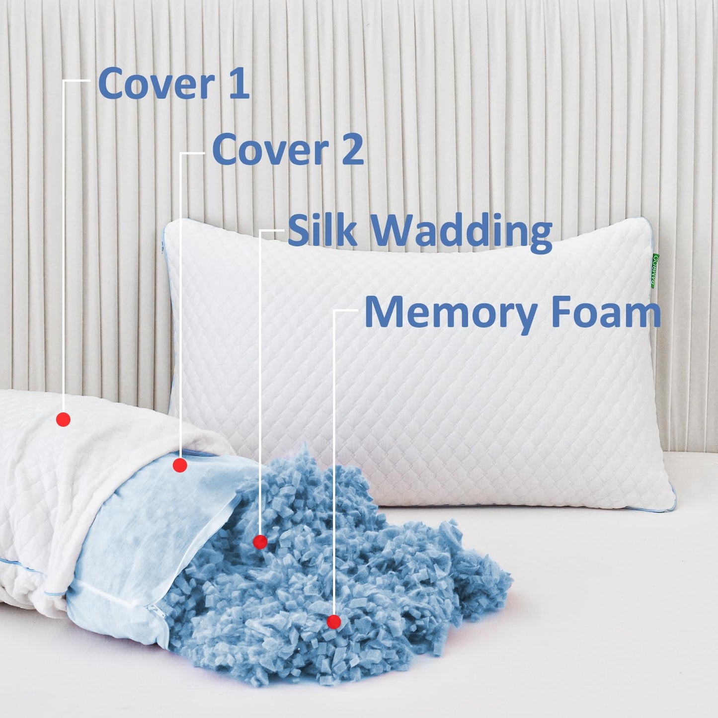Friendriver Shredded Memory Foam Pillows for Sleeping 2 Pack - Cooling Bed Pillows Queen Size Set of 2 - Firm Pillow for Side and Back Sleepers Adjustable Gel Pillow with Removable Cover
