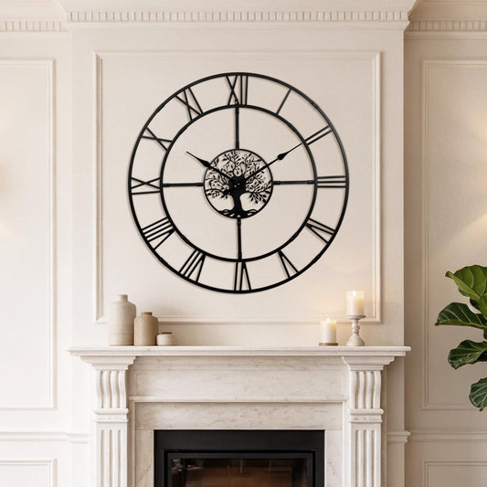Ohweog 40 Inch Large Wall Clock for Living Room(Quick Assembly) – Black Metal Clock with Nature-Inspired Tree Design, Silent Non-Ticking, Battery Operated Roman Numeral Wall Clock for Home Decor