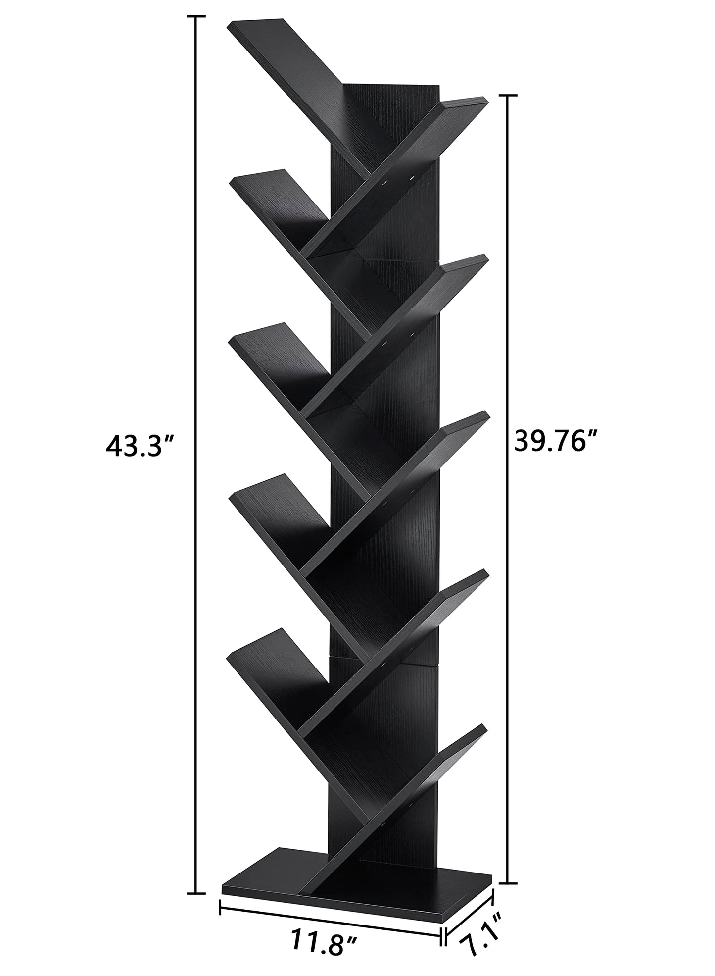 Hoctieon 10 Tier Tree Bookshelf, 10 Shelf Bookcase, Free Standing Tree Bookcase, Display Floor Standing Shelf for Books, Book Organizer Shelves for Home Office, Living Room, Bedroom, Black