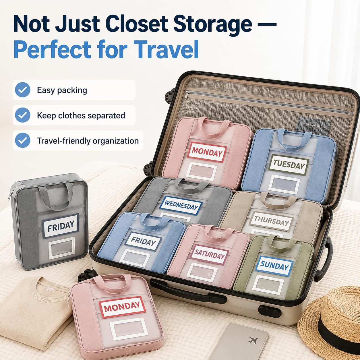 7 Pack Closet Organizer Storage Bags with Day Labels, Weekly Clothing Organization System for Closet & Drawer, Foldable Fabric Storage Cubes for Clothes, Socks, Underwear & Accessories