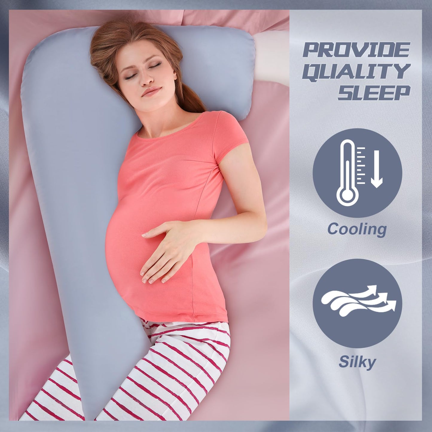 Windkream Silky Satin Pregnancy Pillow Cover, Only Pillowcase, L Shaped Snuggle Maternity Body Pillowcase for Cooling Skin Hair Full Body Pillow Cover with Hidden Zip for Side Sleeper