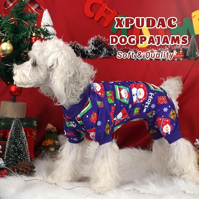 Xpudac 4 Pack Dog Christmas Pajamas Reindeer Puppy Clothes Cute Santa Claus Dog Pajamas Costumes Outfit Red Green 2XL