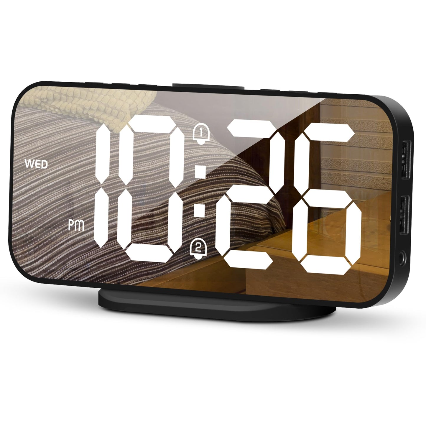 SMOUPING Digital Alarm Clock for Bedroom,6.7" LED Clock Mirror Surface with 2 USB Charger Port,Adjustable Brightness,Dual Alarm,Snooze,12/24H/Large Display Clock for Room Decor(Black)
